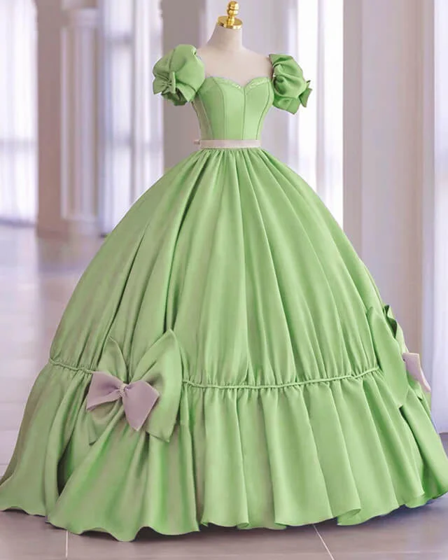 Special Discount Modest Sage Satin Ball Gown Dress With Bow