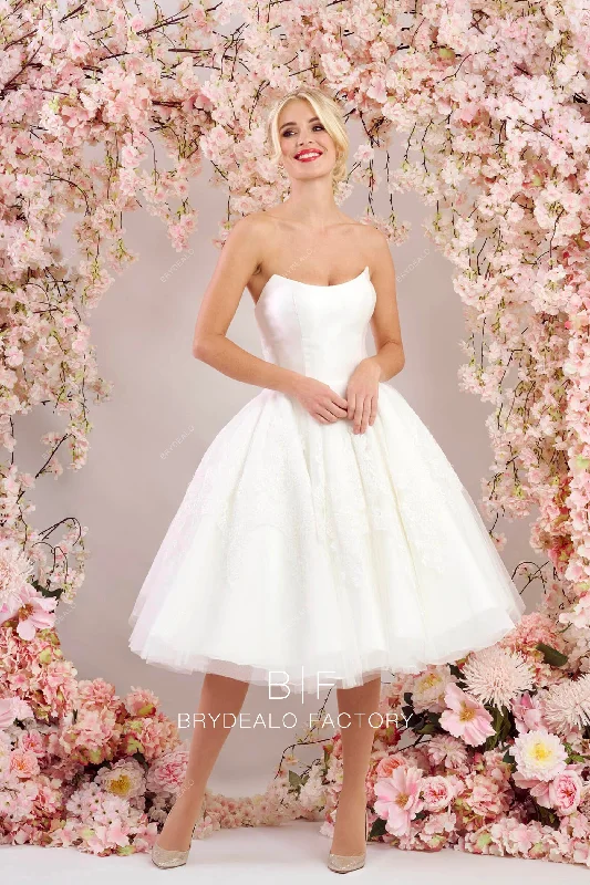 Online Only Strapless Satin Tea Length Organza Wedding Dress with Wrap