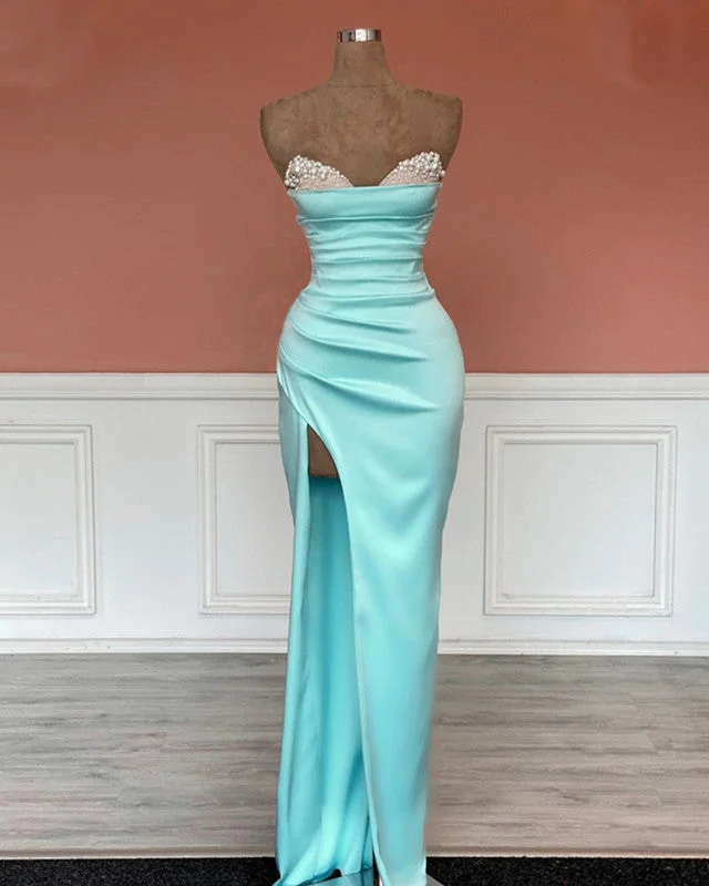 Big Savings Mermaid Beaded Strapless Blue Satin Split Dress