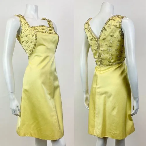 Closeout VINTAGE 60s 70s PALE YELLOW GREY BEADED SEQUIN FLORAL PARTY SLEEVELESS DRESS 10 Closeout VINTAGE 60s 70s PALE YELLOW GREY BEADED SEQUIN FLORAL PARTY SLEEVELESS DRESS 10