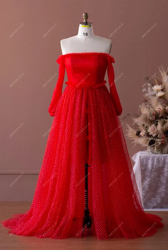 Instant Discount Red Off-shoulder Formal Dress with Dot Lace Overskirt