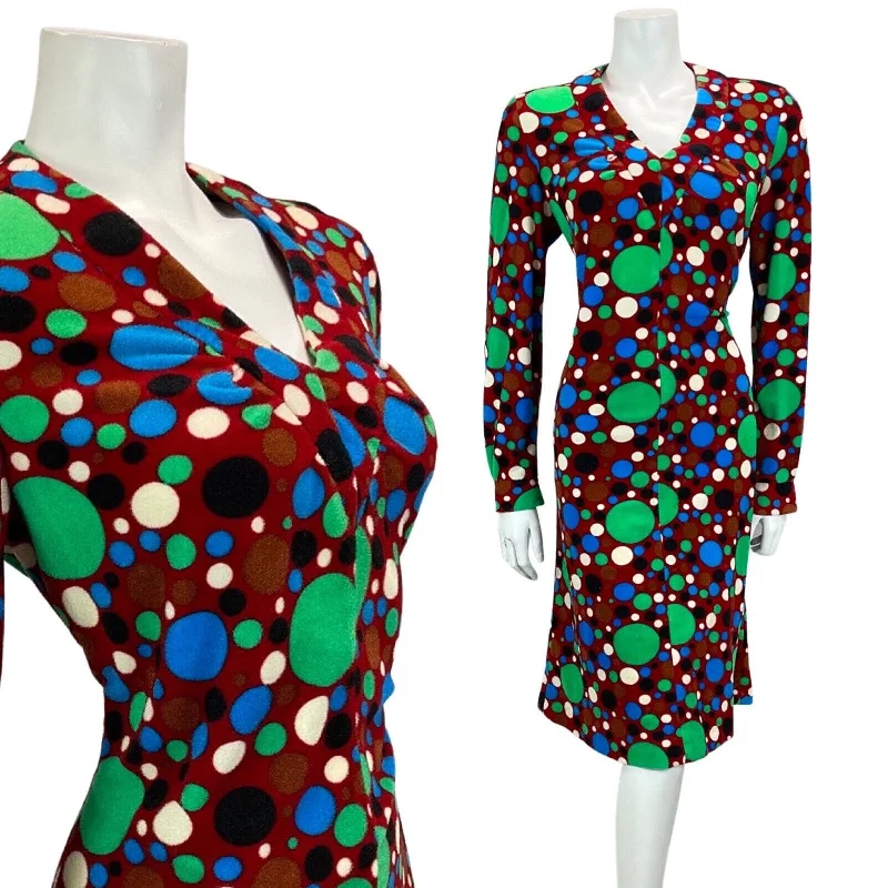 Today’s Deal VTG 60S 70S BURGUNDY GREEN BLUE BLACK SPOTTY PSYCHEDELIC PRINT MIDI DRESS 12 14