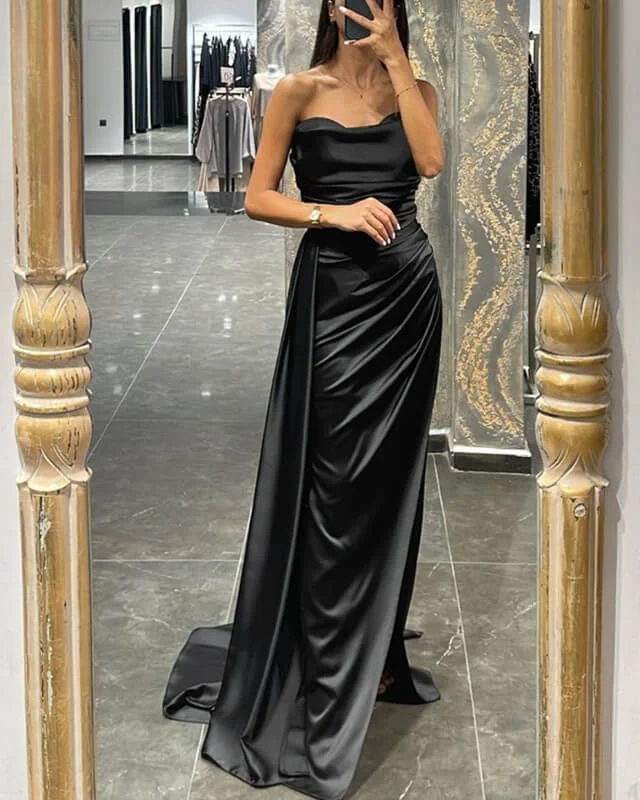 Weekend Deal Mermaid Cowl Neck Slit Satin Dress