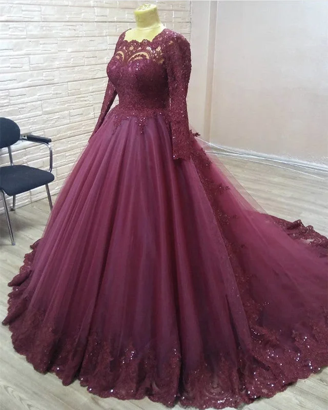 Must-Have Deals Elegant Lace Long Sleeves Prom Ball Gown Dresses