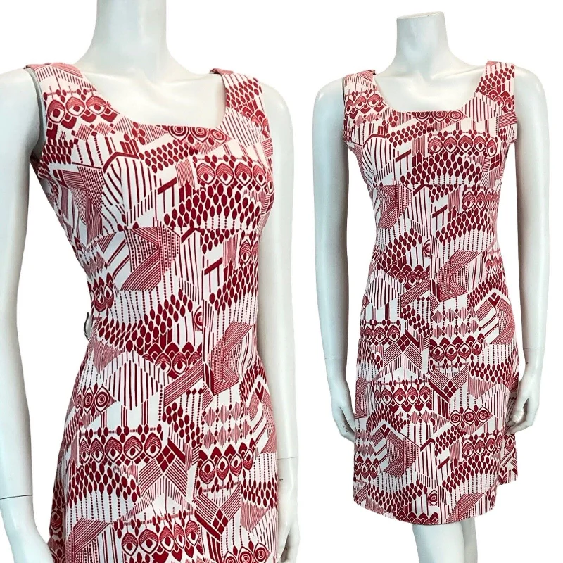 Don't Wait VTG 60S 70S ABSTRACT MOD GOGO SCOOTER RED WHITE MAROON MINI SHIFT DRESS 8 10 12