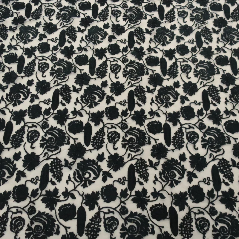 Closeout White Tulle with Black Floral Embroidery Fabric