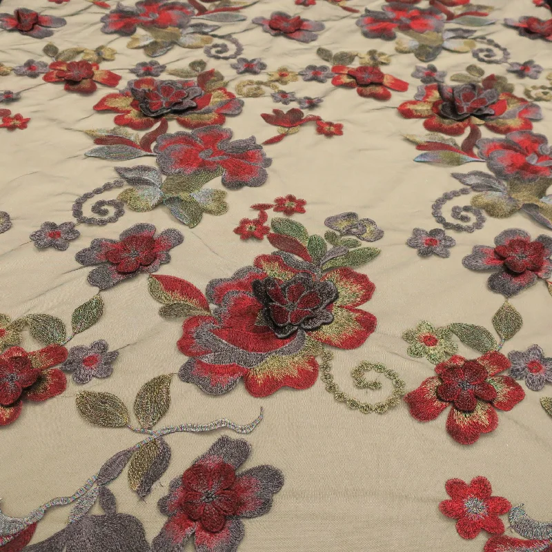 Price Rollback Black Tulle with Red and Gray 3D Floral Design Embroidered Fabric