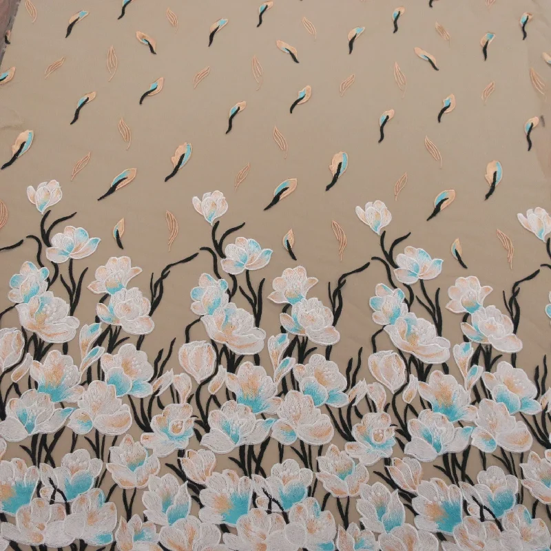 New Markdowns Nude Tulle with White Aqua and Coral Floral Embroidered Fabric