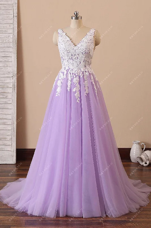 Savings Spectacular Elegant Lilac Tulle Ivory Lace V-neck Formal Gown