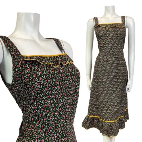 Low Prices VINTAGE 70s BLACK WHITE PINK DITSY FLOWER PRAIRIE BOHO SUMMER SUN-DRESS 10
