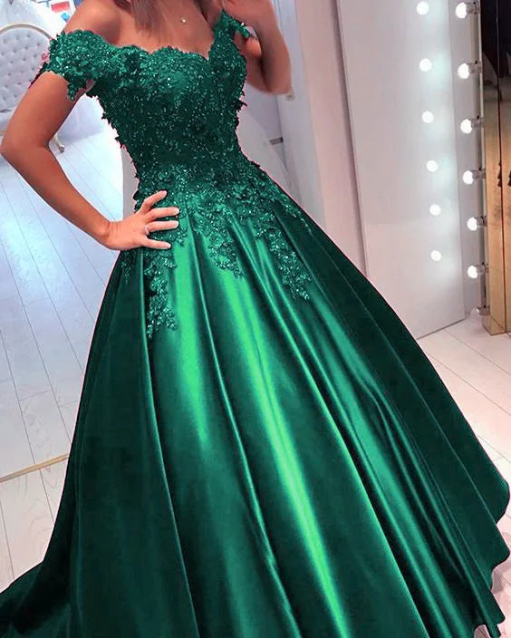 Super Sale Princess Prom Dresses Satin Ball Gown Lace Flowers Beaded