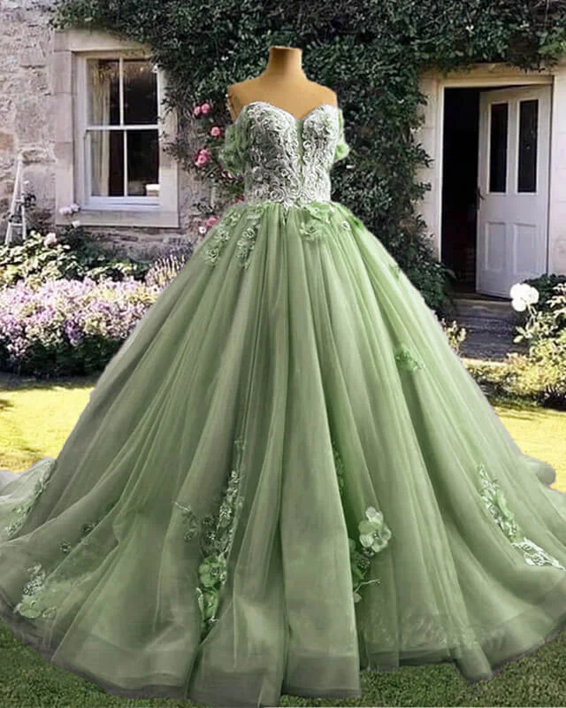 Time-Limited Offer Sage Tulle 3D Lace Flowers Ball Gown Dress