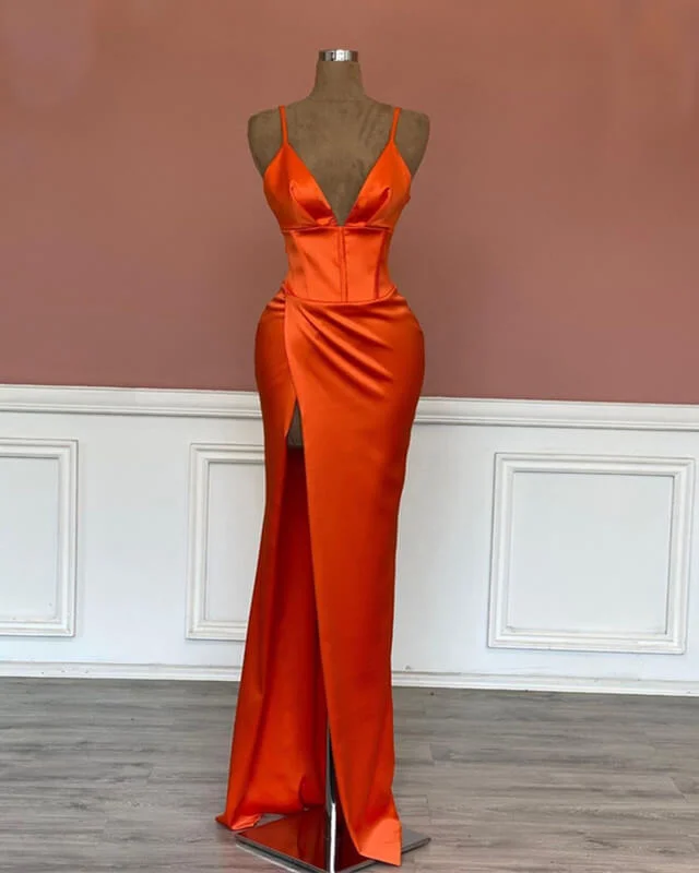 Steals and Deals Mermaid V-neck Spaghetti Straps Satin Dress With Slit