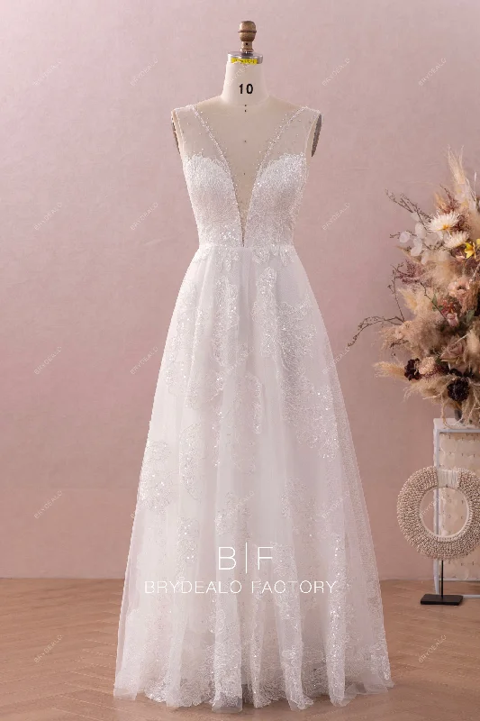 Price Break Ethereal Crystal Neck Sequined Lace A-line Wedding Dress