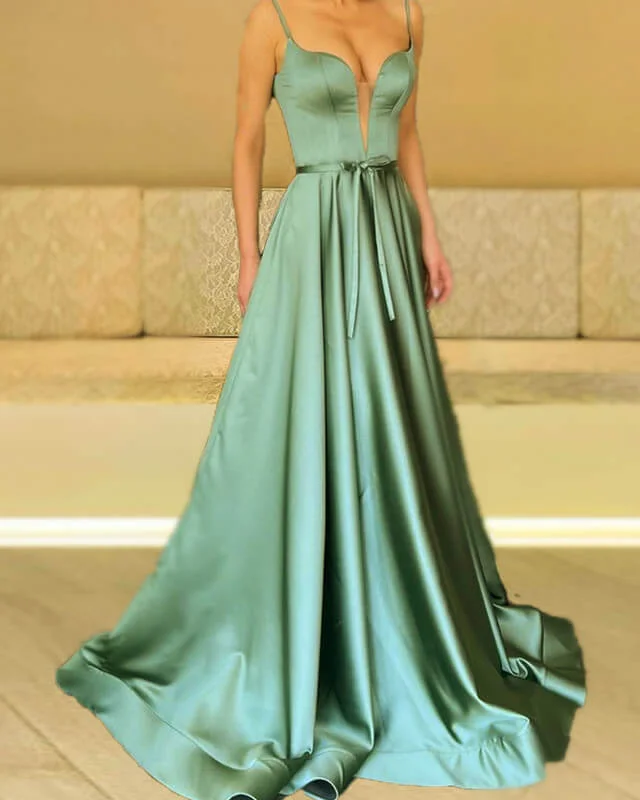 Grand Opening Sale Sage Green Plunging Neck Satin Dress