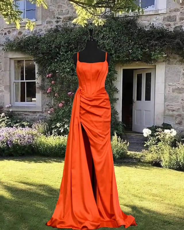 Low Prices Mermaid Bright Orange Satin Split Dress