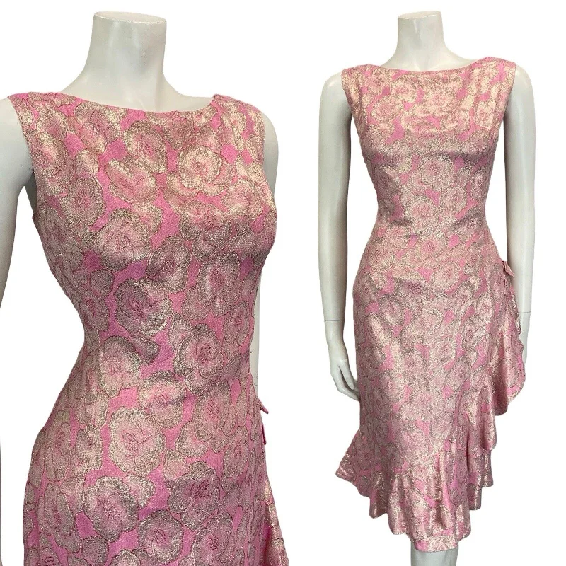 Deal Frenzy VTG 60S 70S PINK GOLD ASYMMETRIC RUFFLE HEM BOAT NECK BOW MIDI PARTY DRESS 12 14