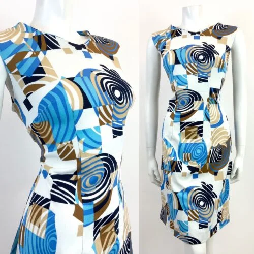 Deal Dash VTG 60s 70s WHITE BLUE BROWN GEOMETRIC PSYCHEDELIC SWIRL MOD SLEEVELESS DRESS 16