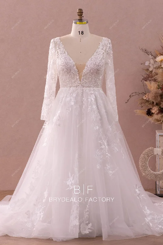 Limited Time Discount Plus Size Sleeved Plunging Beaded Lace Wedding Dress