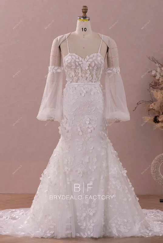 New Arrival 3D Leaf Patterned Lace Wholesale Off Shoulder Mermaid Bridal Dress