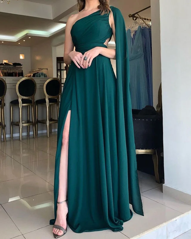 Warehouse Sale Emerald Green Chiffon Bridesmaid Dresses One Shoulder