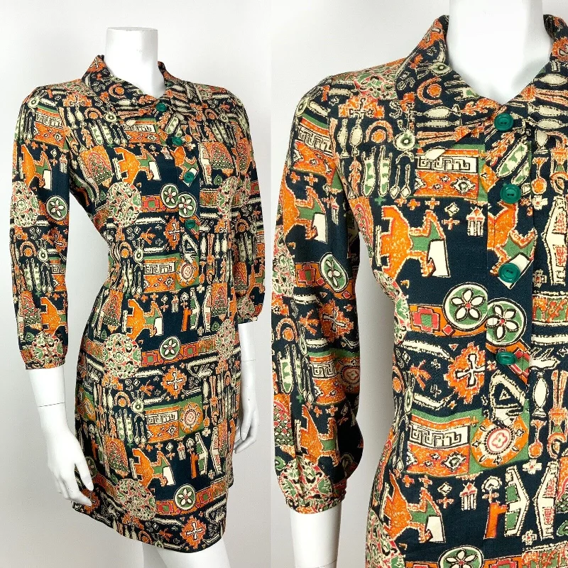 Big Savings VINTAGE 60s 70s BLUE ORANGE GREEN CREAM PSYCHEDELIC FLORAL SHORT DRESS 10 12