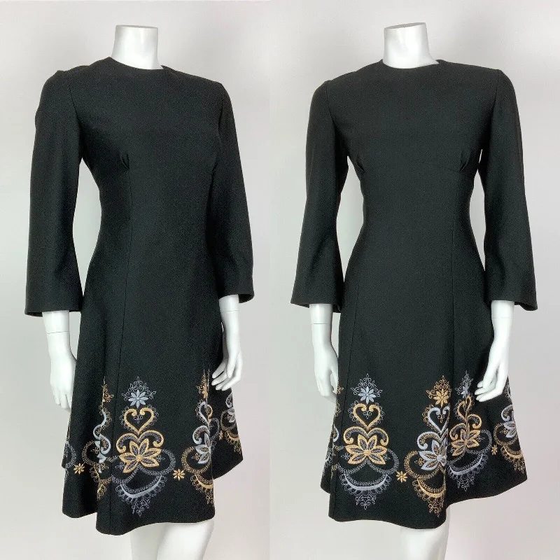 Super Bargain VINTAGE 60s 70s BLACK BLUE GOLD EMBROIDERED FLORAL HEART BELL SLEEVE DRESS 6 8