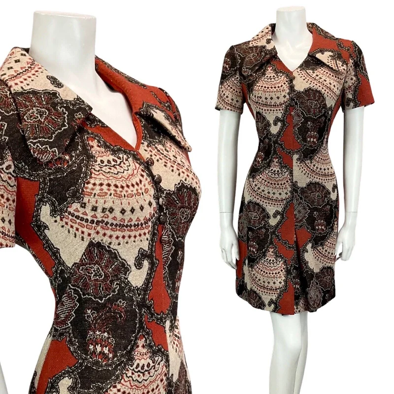 Best Bargains VTG 60S 70S BROWN BEIGE TAN METALLIC PSYCHEDELIC PRINT MOD MINI DRESS 10 12