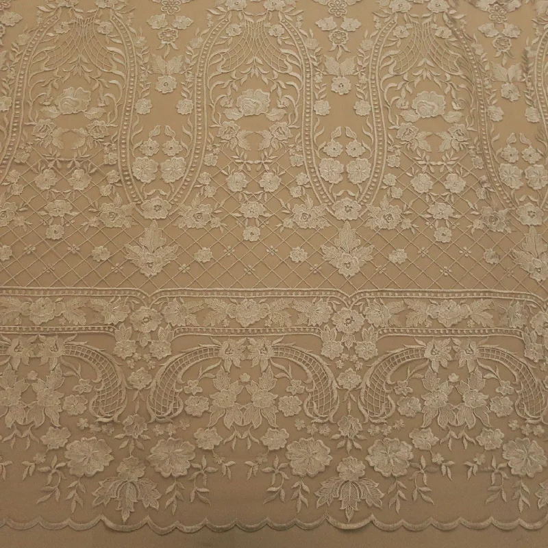 Discount Extravaganza Nude with Beige Geometric Embroidered Tulle Fabric