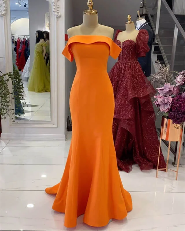 Great Deals Mermaid Off-The-Shoulder Orange Satin Prom Dress
