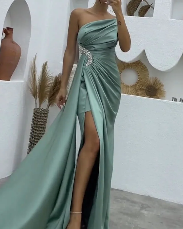 Limited Time Discount Mermaid High Slit Ruched Satin One Shoulder Dress