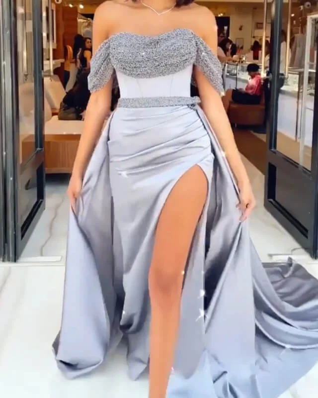 The Best Prices Mermaid Silver Satin Off Shoulder Slit Dress