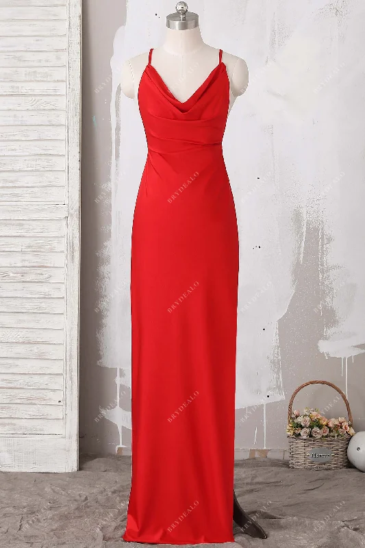 Crazy Deals Red Jersey Cowl Neck Straps Slit Sheath Prom Gown