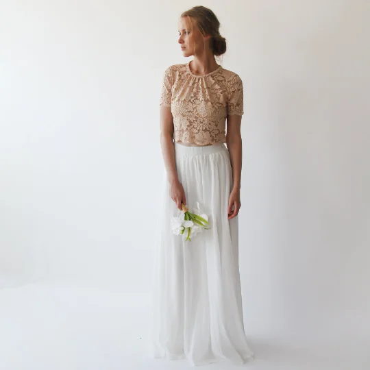 New Arrival Wedding Dress Separates, Blush Lace Top, Ivory Chiffon Skirt #1380