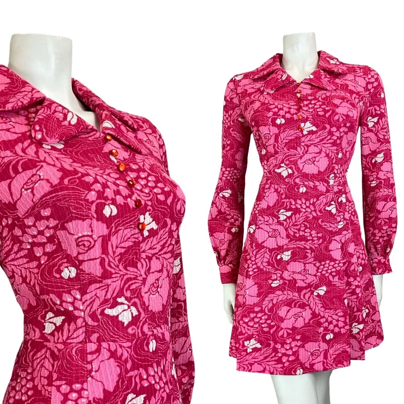 Stock Clearance VTG 60S 70S PINK PSYCHEDELIC FLORAL MOD  LAPEL LONG SLEEVE MINI DRESS SIZE 10