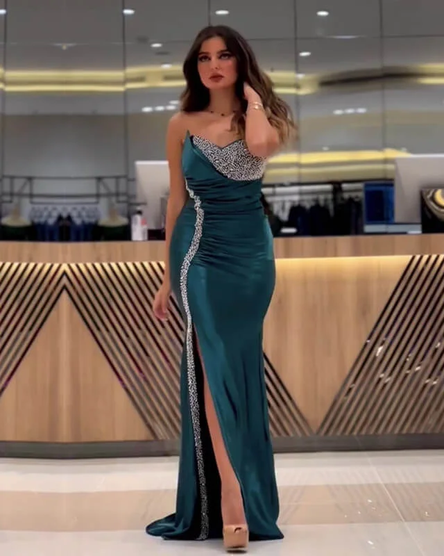 While Supplies Last Mermaid Hunter Green Satin Beaded Dress