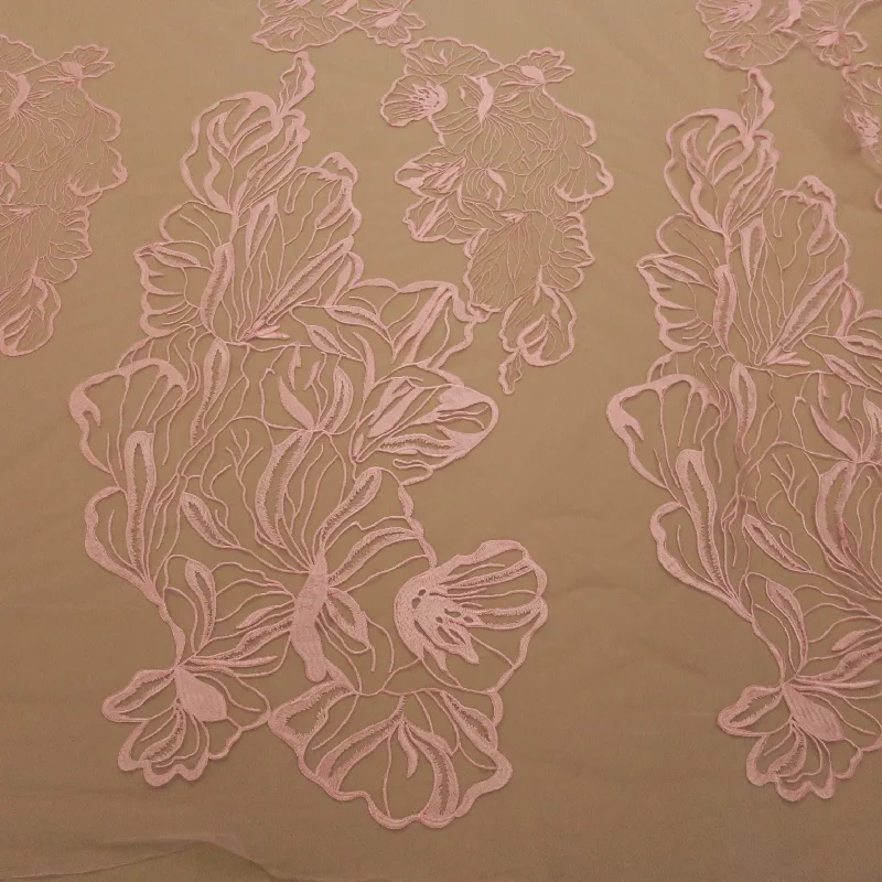 Year-End Sale Light Pink Floral Embroidered Tulle Fabric