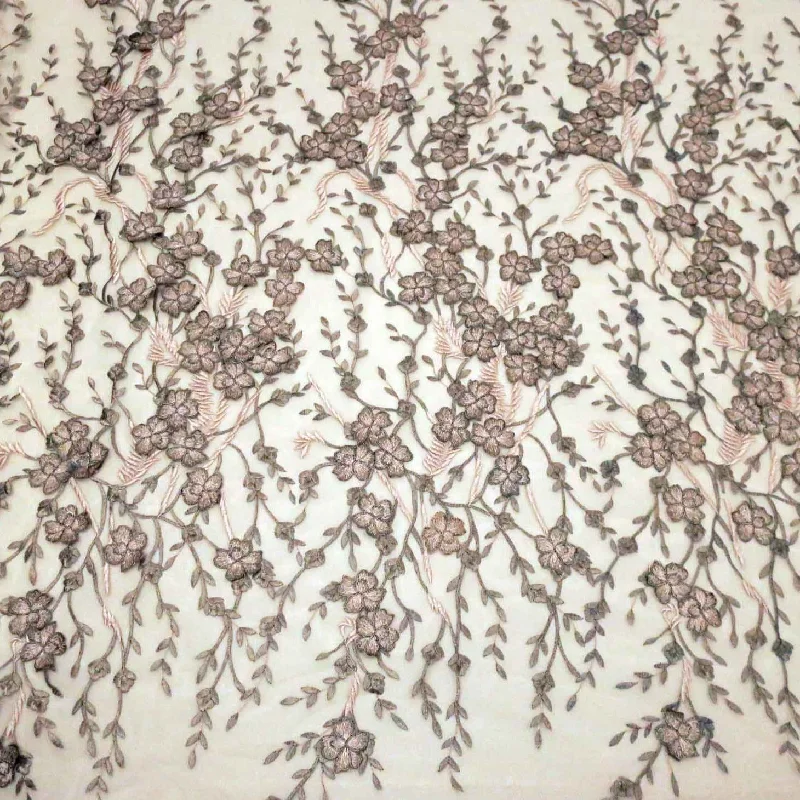Seasonal Sale Nude with Brown Embroidered Tulle Floral Fabric