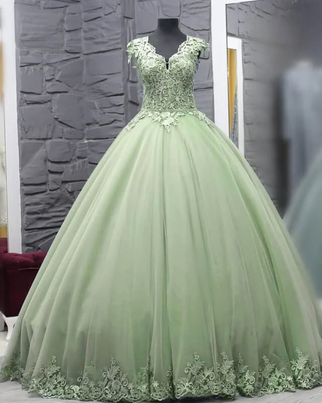 Fantastic Offers Lace V-neck Cap Sleeve Tulle Ball Gown