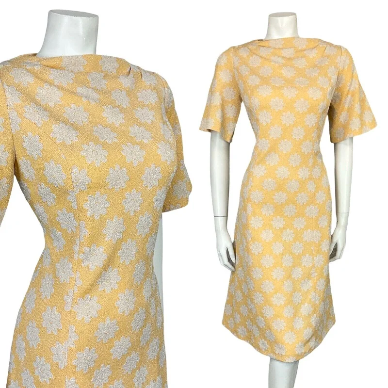 Fantastic Deals VTG 60S FLOWER POWER SILVER YELLOW GOLD FLARE SHORT SLEEVE PARTY MIDI DRESS 12