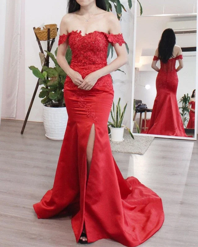 Year-End Clearance Mermaid Satin Split Bridesmaid Dresses Lace Off The Shoulder
