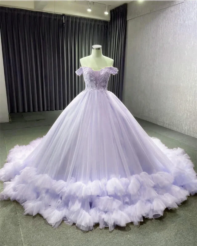 Hurry In Lace Appliques Off Shoulder Ruffles Ball Gown Dress