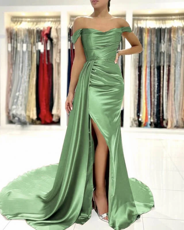 Price Rollback Mermaid Satin Off-shoulder Slit Dress
