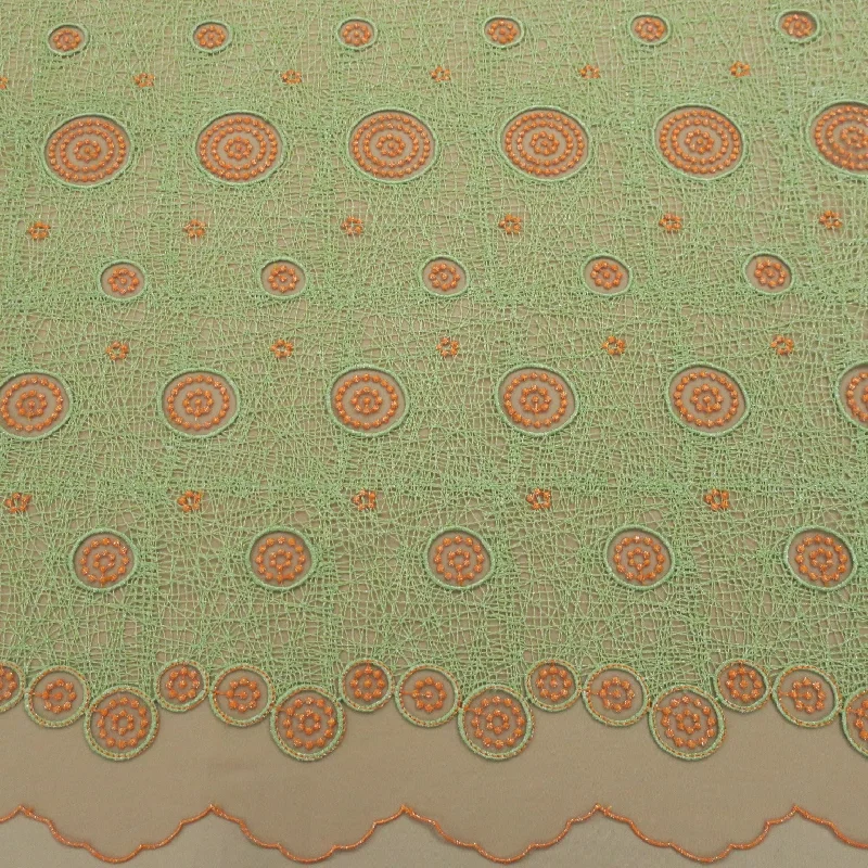 Deal Mania Green and Orange Geometric Circles Embroidered Tulle Fabric