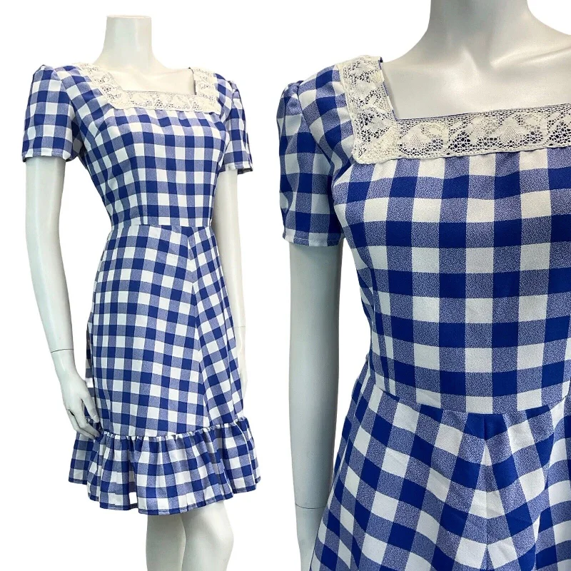 New Deals VTG 1970S BLUE WHITE GINGHAM PRAIRIE COTTAGECORE CROCHET MINI DRESS 10 12