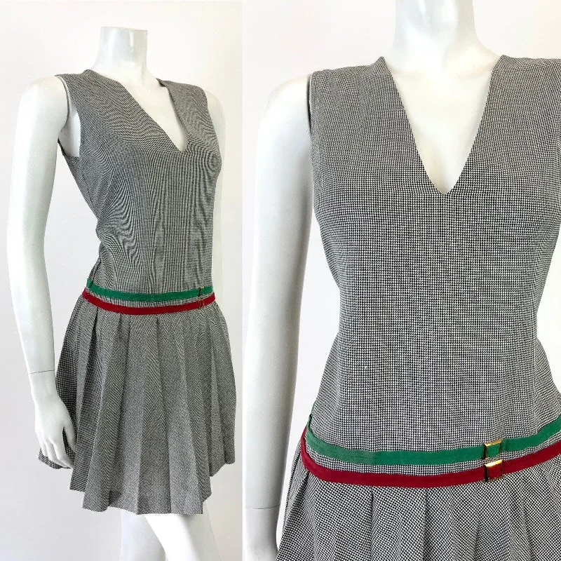 Price Cut VTG 60s 70s BLACK WHITE HOUNDSTOOTH V-NECK PLEATED MOD PREPPY PINAFORE DRESS 10
