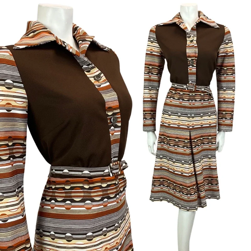 Limited Stock VINTAGE 60S 70S BROWN BEIGE TAN STRIPED ABSTRACT  PRINT MIDI DRESS 14 16