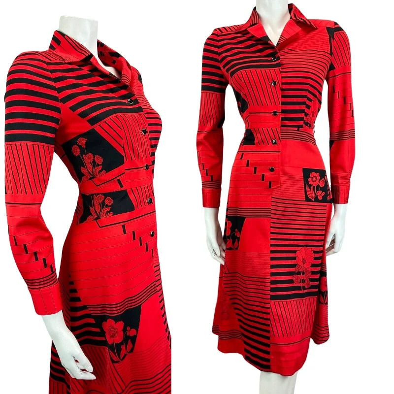 Can't Miss VINTAGE 60s 70s RED BLACK ABSTRACT PRINT MIDI MOD BOHO DISCO PARTY DRESS 8 10