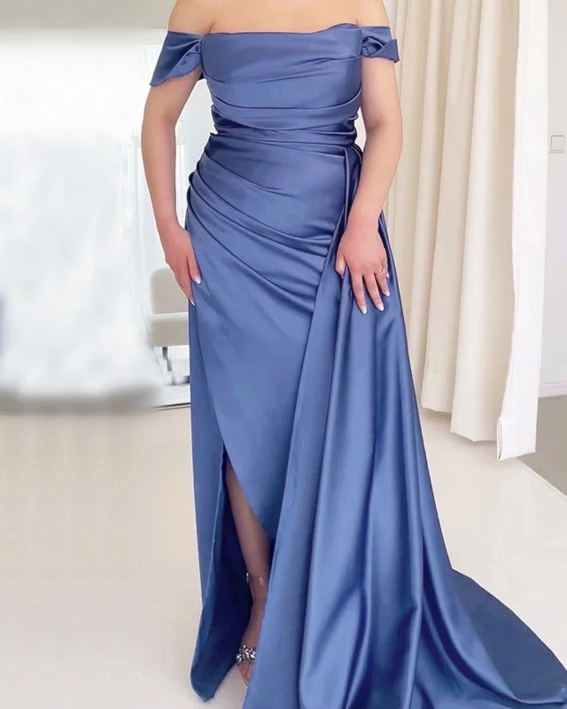 Clearance Items Mermaid Ruched Satin Off-the-shoulder dress with slit