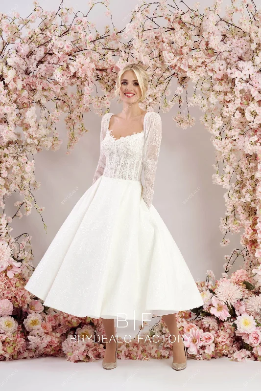 Value Deals Elegant Tea-Length Lace Wedding Dress with Pouf Sleeves